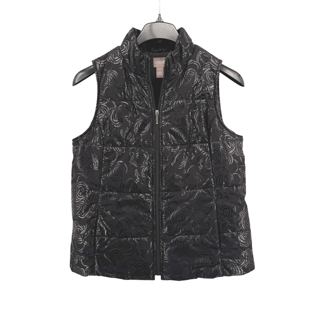 Chico's Puffer Vest Womens 1/Med Pre-Owned Vest Black Metallic Rose Quilted Zip